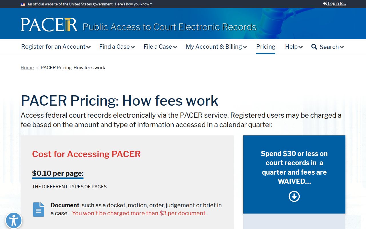 PACER federal case-search pricing information